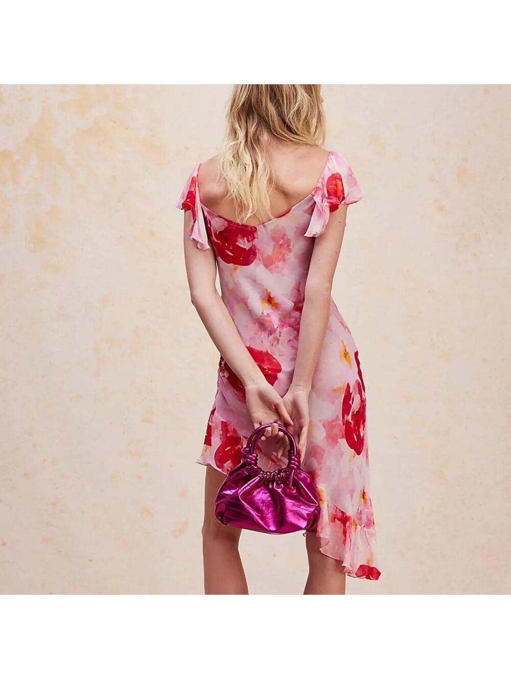 summer away carolina asymmetrical Pink floral dress with ruffles Size L